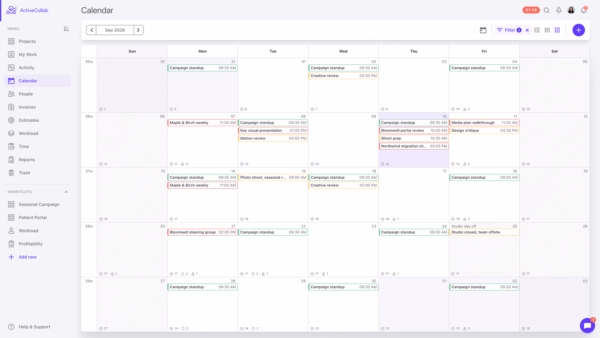 ActiveCollab team calendar for the month: campaign dates, client calls and task due dates in one view