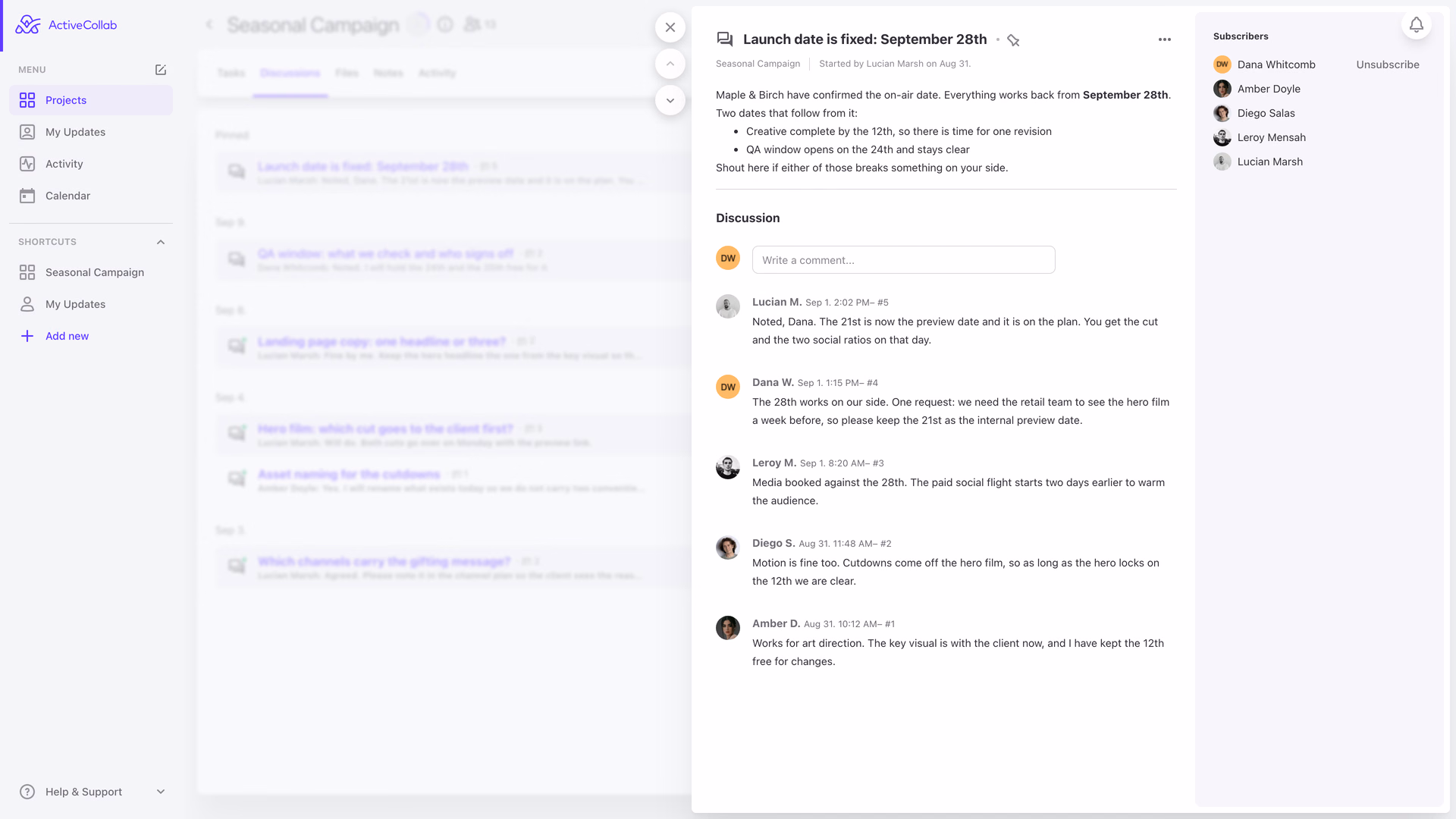 A client discussion in ActiveCollab: the client reads the thread and answers in it