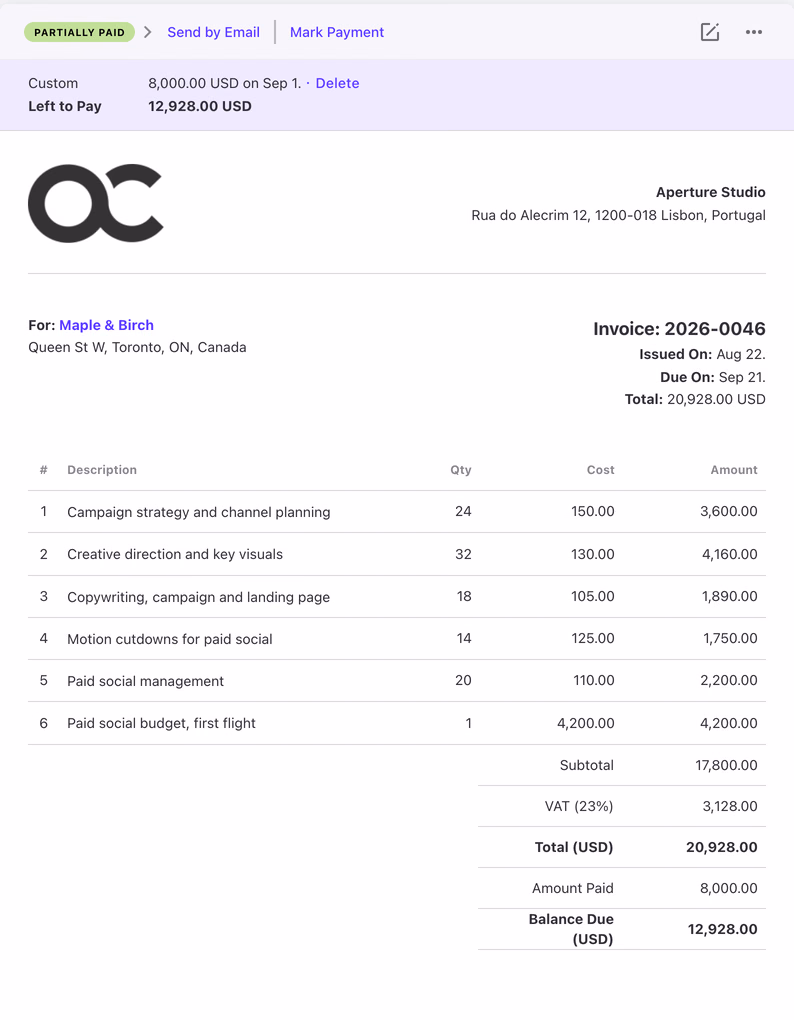 An ActiveCollab invoice built from tracked time: line items, VAT, amount paid and balance due