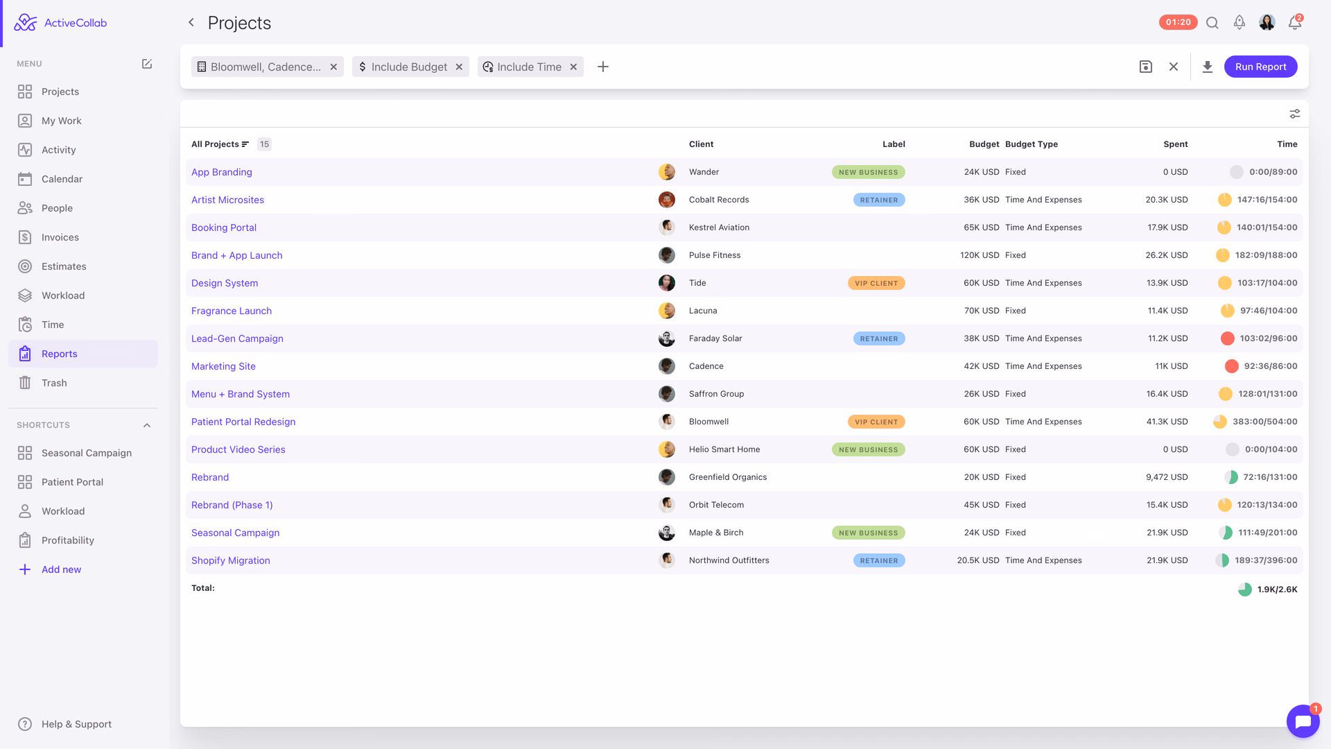 ActiveCollab profitability report: budget, spent and tracked time for every client project