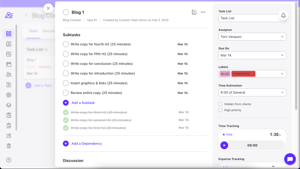 pomodoro technique in blog tasks in activecollab example