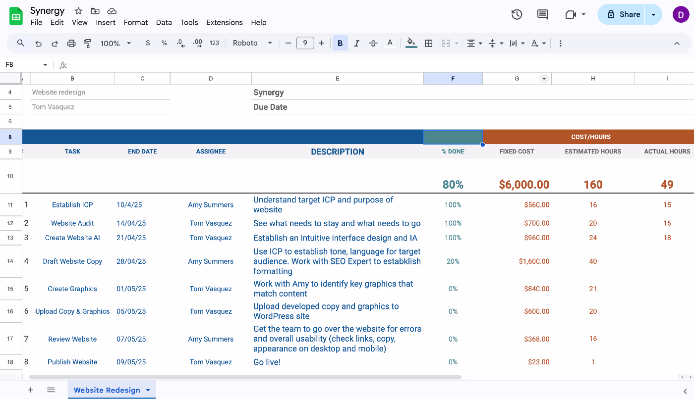 project example in excel or Google sheet