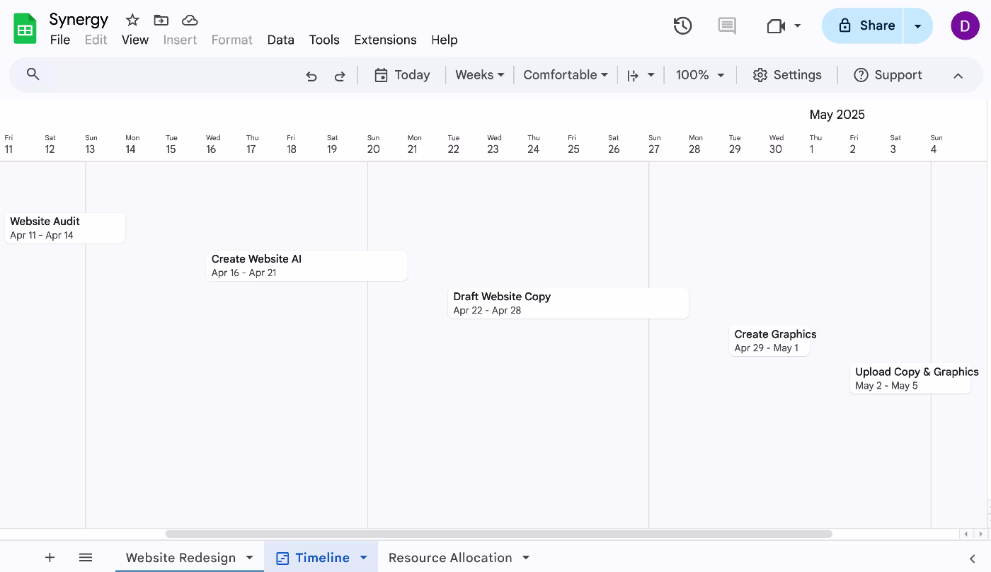 timeline view in excel or google sheets