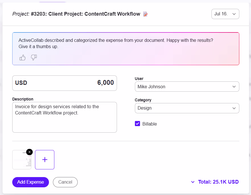 AI expense logging in ActiveCollab