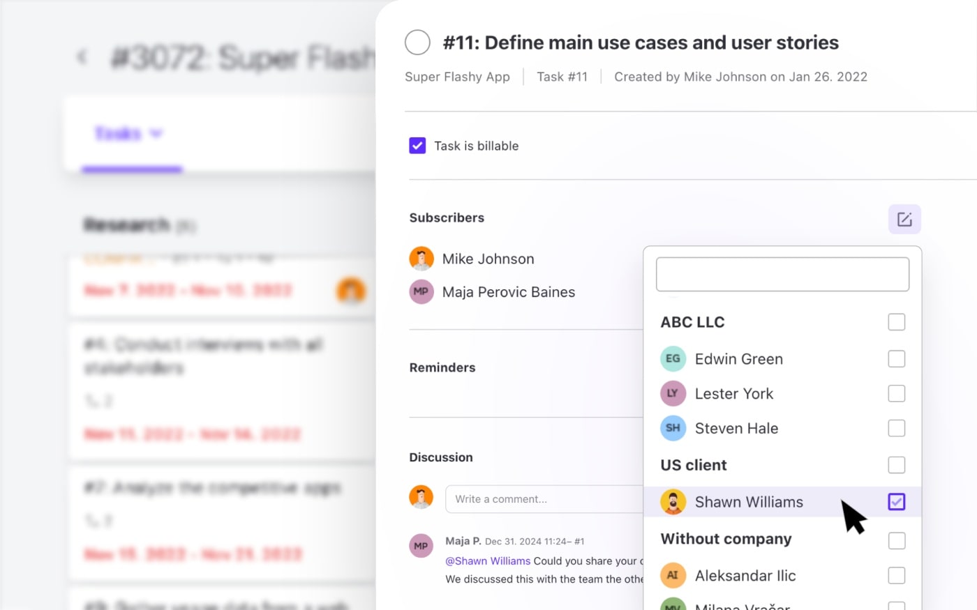 client communication feature in activecollab example