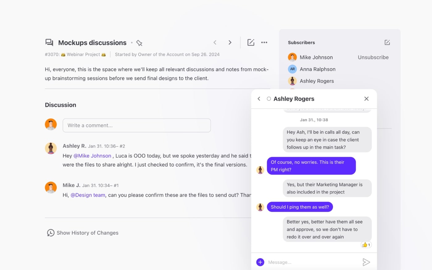 project updates and chat feature in activecollab