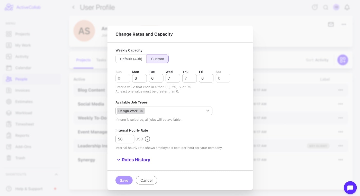 Amy daily capacity scheduled in activecollab