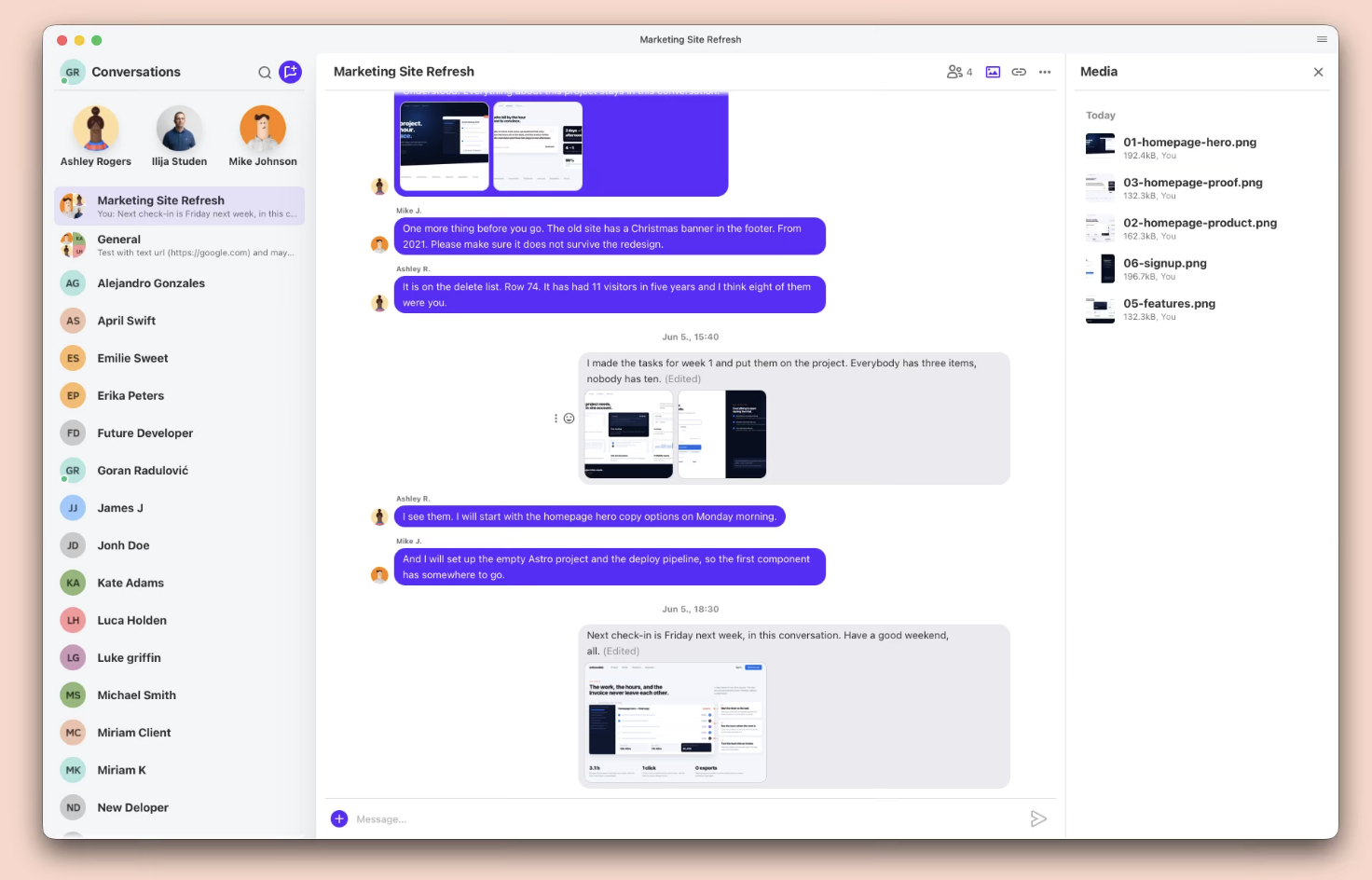 The ActiveCollab Chat desktop app, with a conversation list, a project chat called Marketing Site Refresh, and a Media panel of shared files.