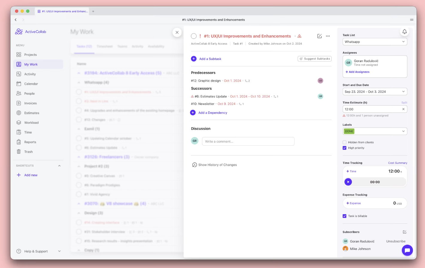 The new ActiveCollab desktop app on a Mac, showing a task open from My Work with its dependencies, discussion and time tracking.
