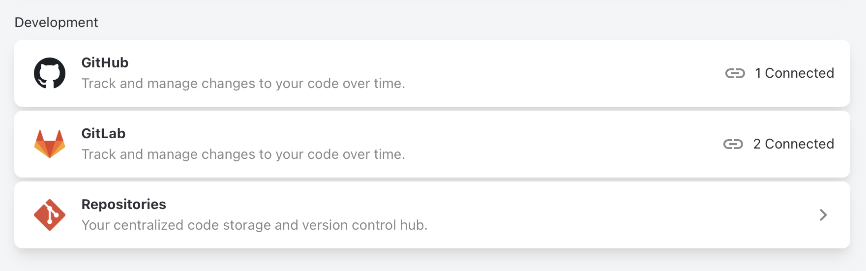 The Development section of the Apps & Integrations page, with GitHub showing 1 connected repository and GitLab showing 2.