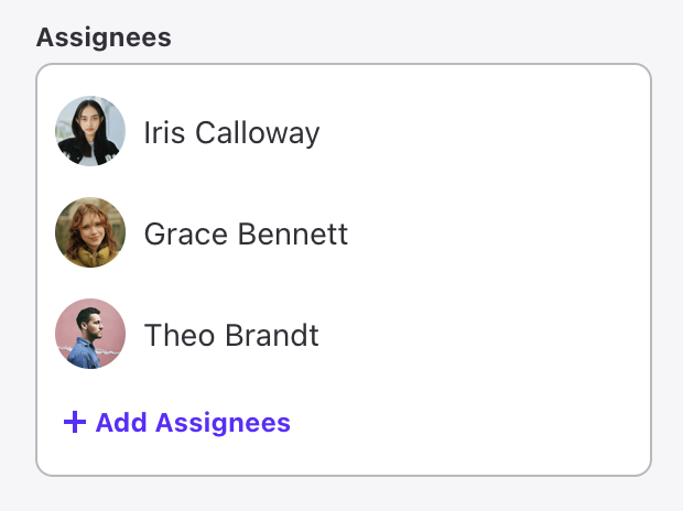 The Assignees box on a task, listing three people, Iris Calloway, Grace Bennett and Theo Brandt, with an Add Assignees link.