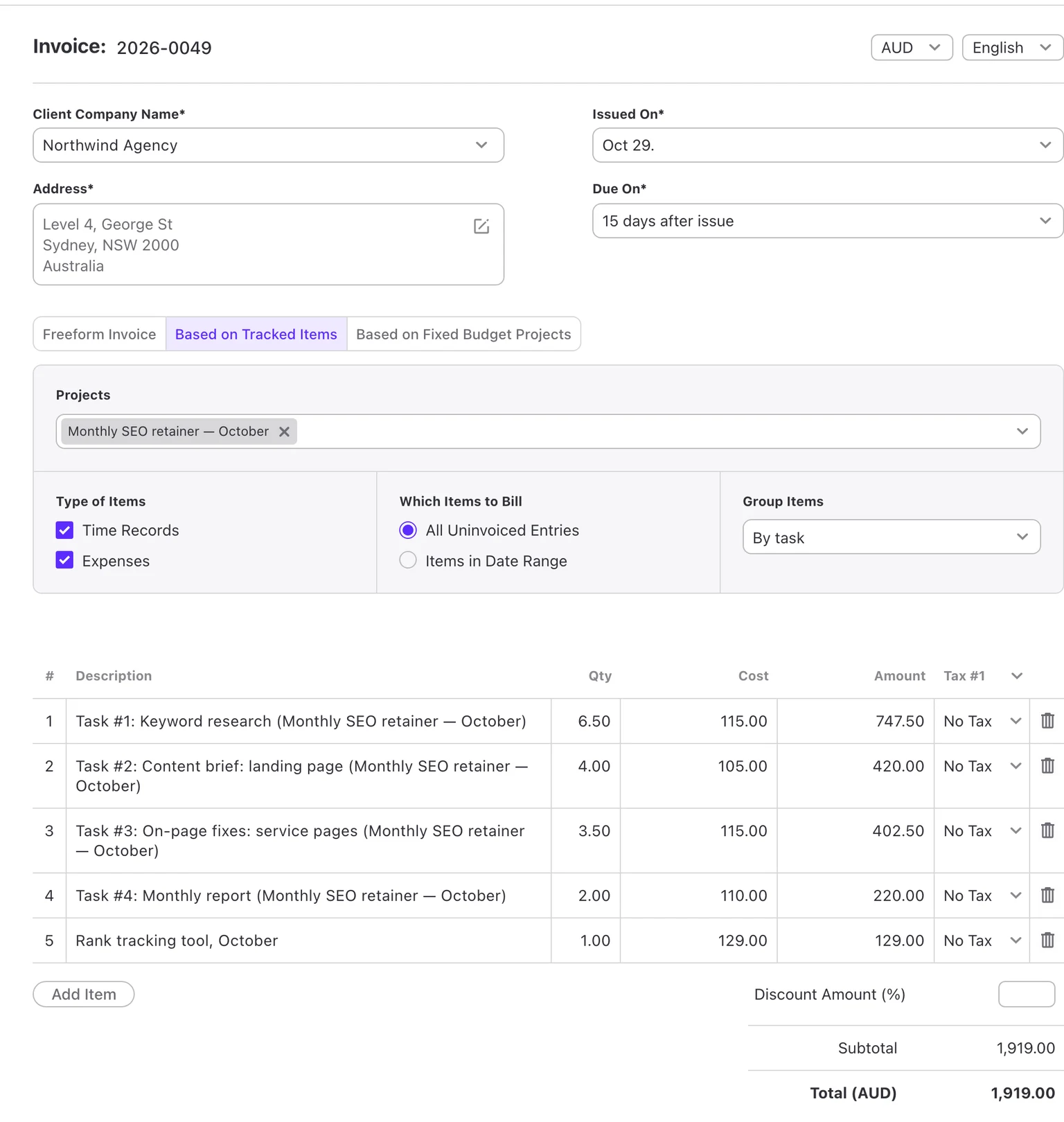 New invoice in ActiveCollab built from tracked time: time records and expenses from one project, grouped by task into invoice lines