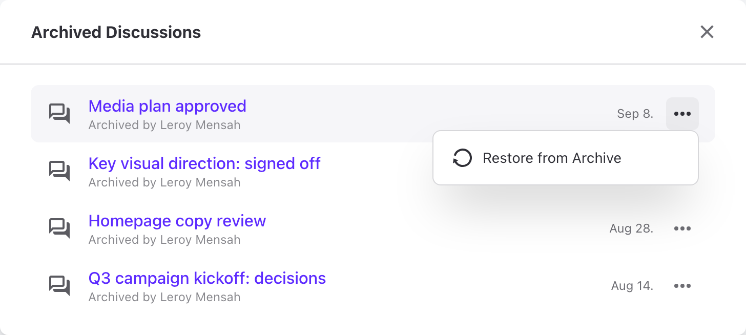 The Archived Discussions dialog with four finished discussions, and Restore from Archive open on one of them