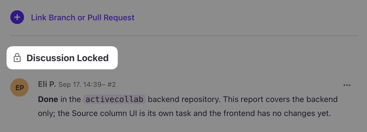 A locked discussion, with the Discussion Locked indicator above the comments