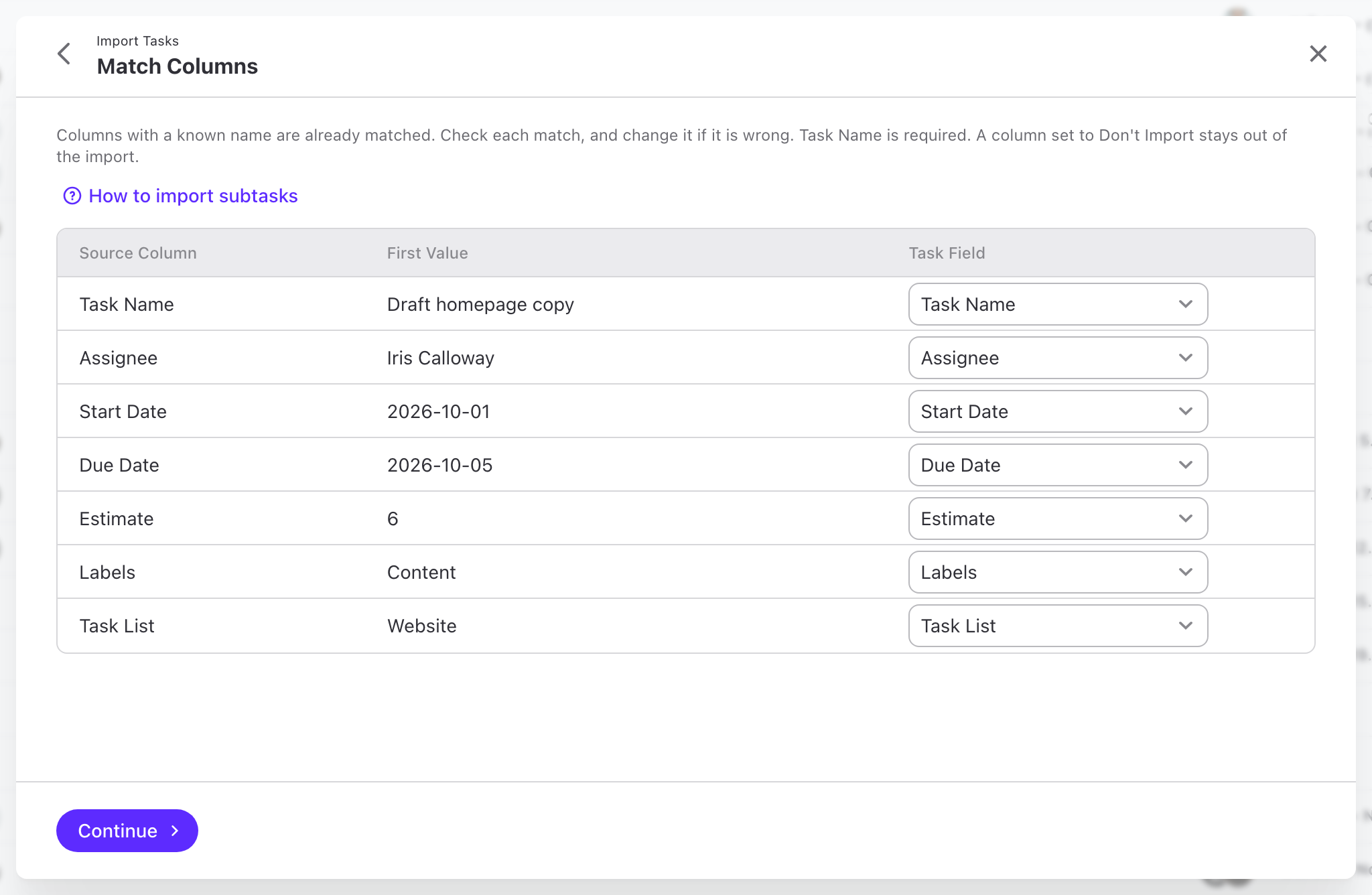 The Match Columns step, with each source column matched to a task field
