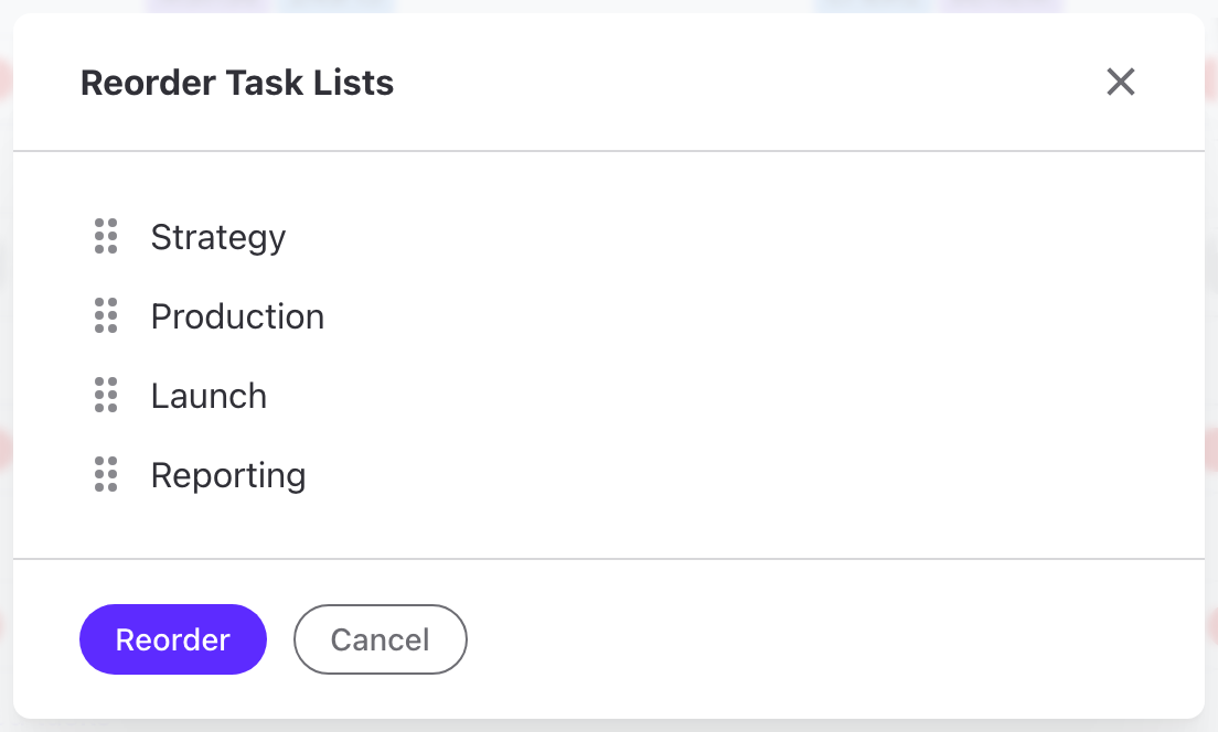 The Reorder Task Lists dialog