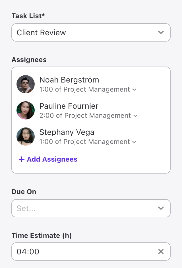A template task with three assignees, each with their own time estimate