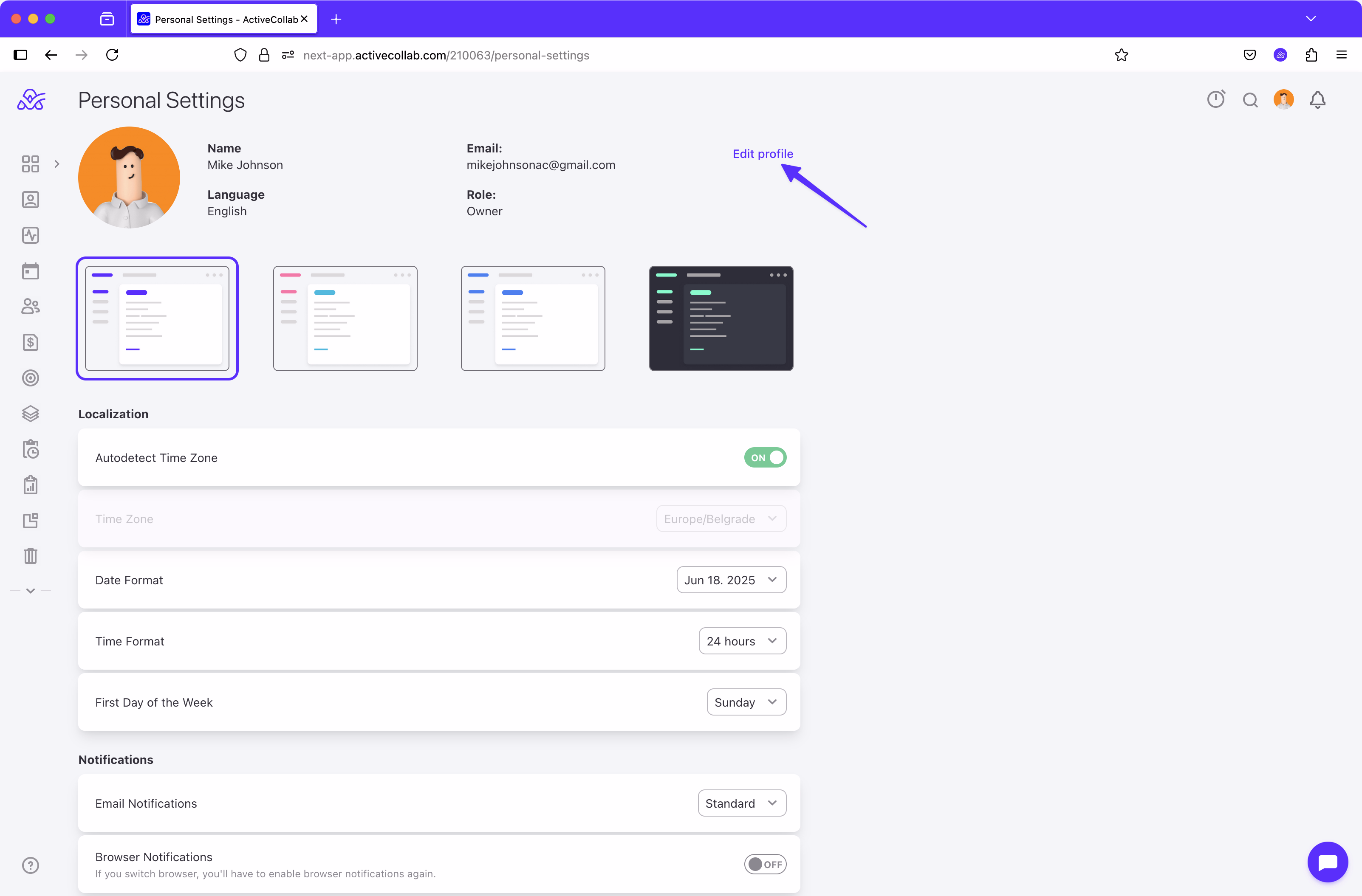 User accessing Personal Settings from the avatar menu while on the Projects overview page in ActiveCollab.
