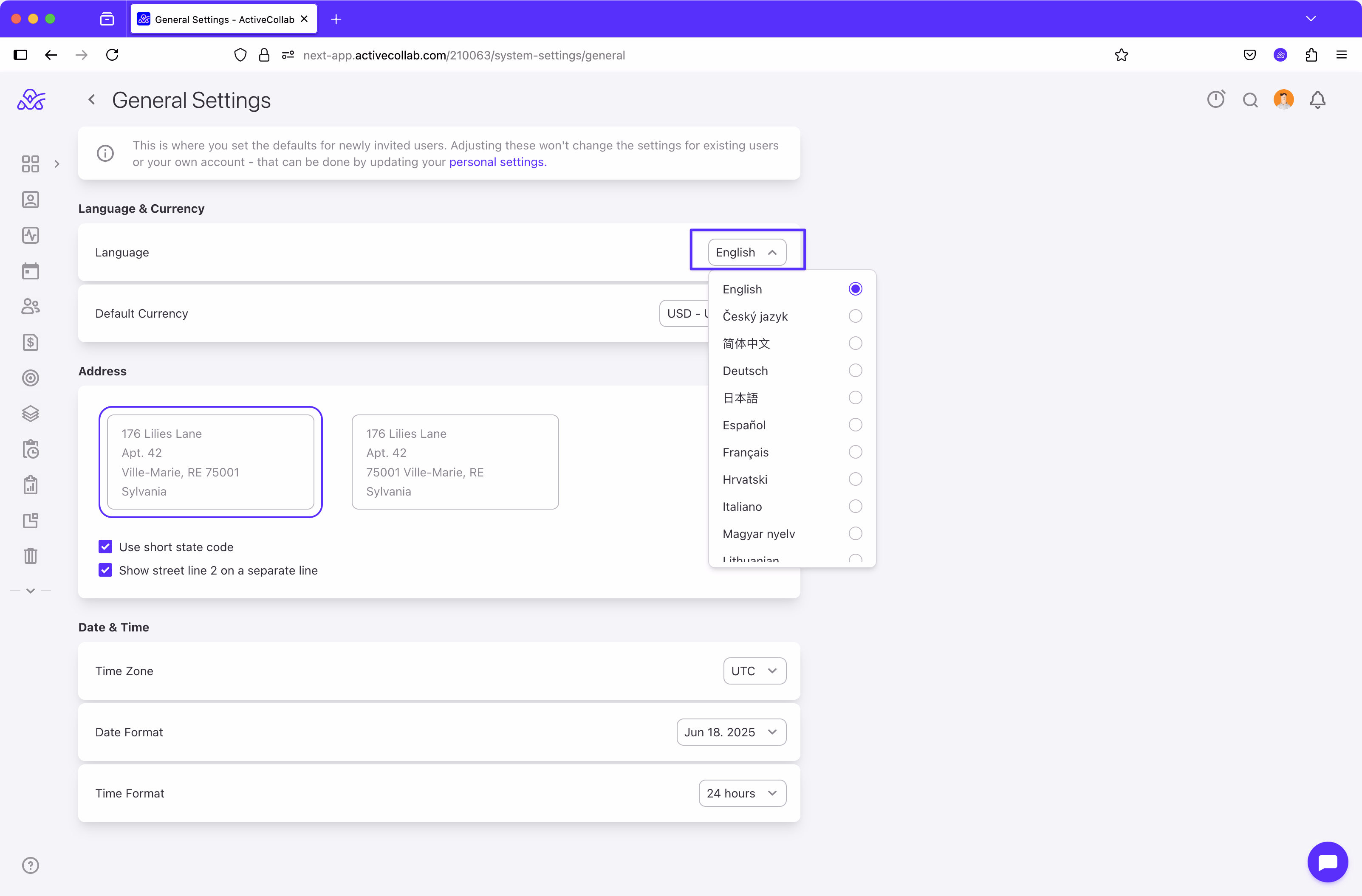 User modifying the default language from the dropdown inside the General settings section to apply changes across the account in ActiveCollab.