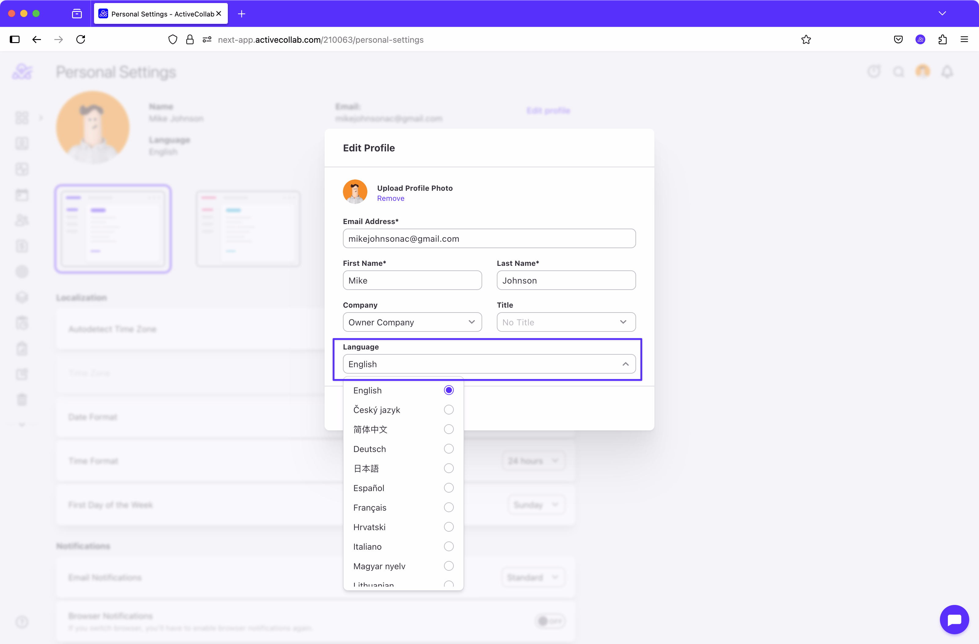 Language selection dropdown open in the Edit Profile modal, showing available language options for account personalization in ActiveCollab.