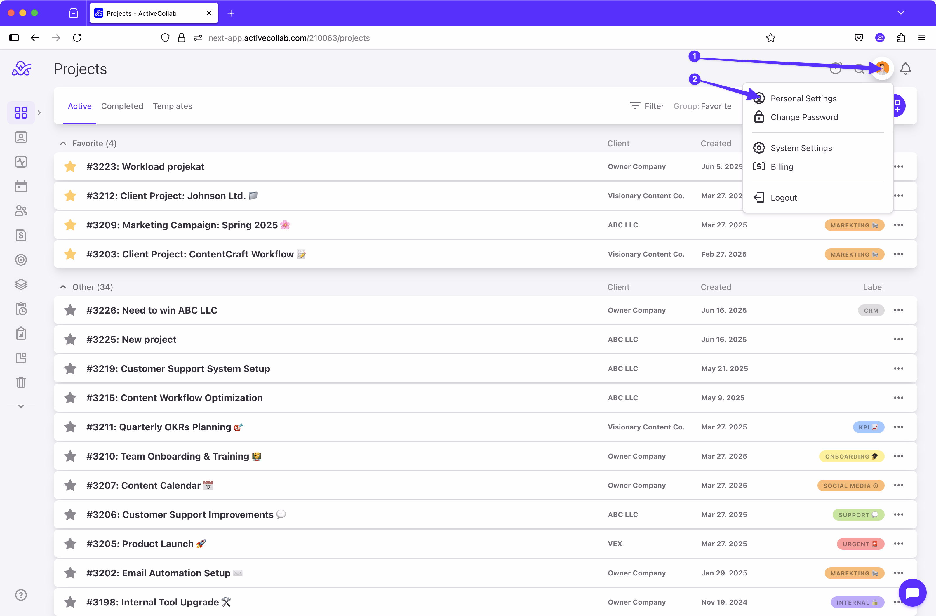 User accessing Personal Settings from the avatar menu while on the Projects overview page in ActiveCollab