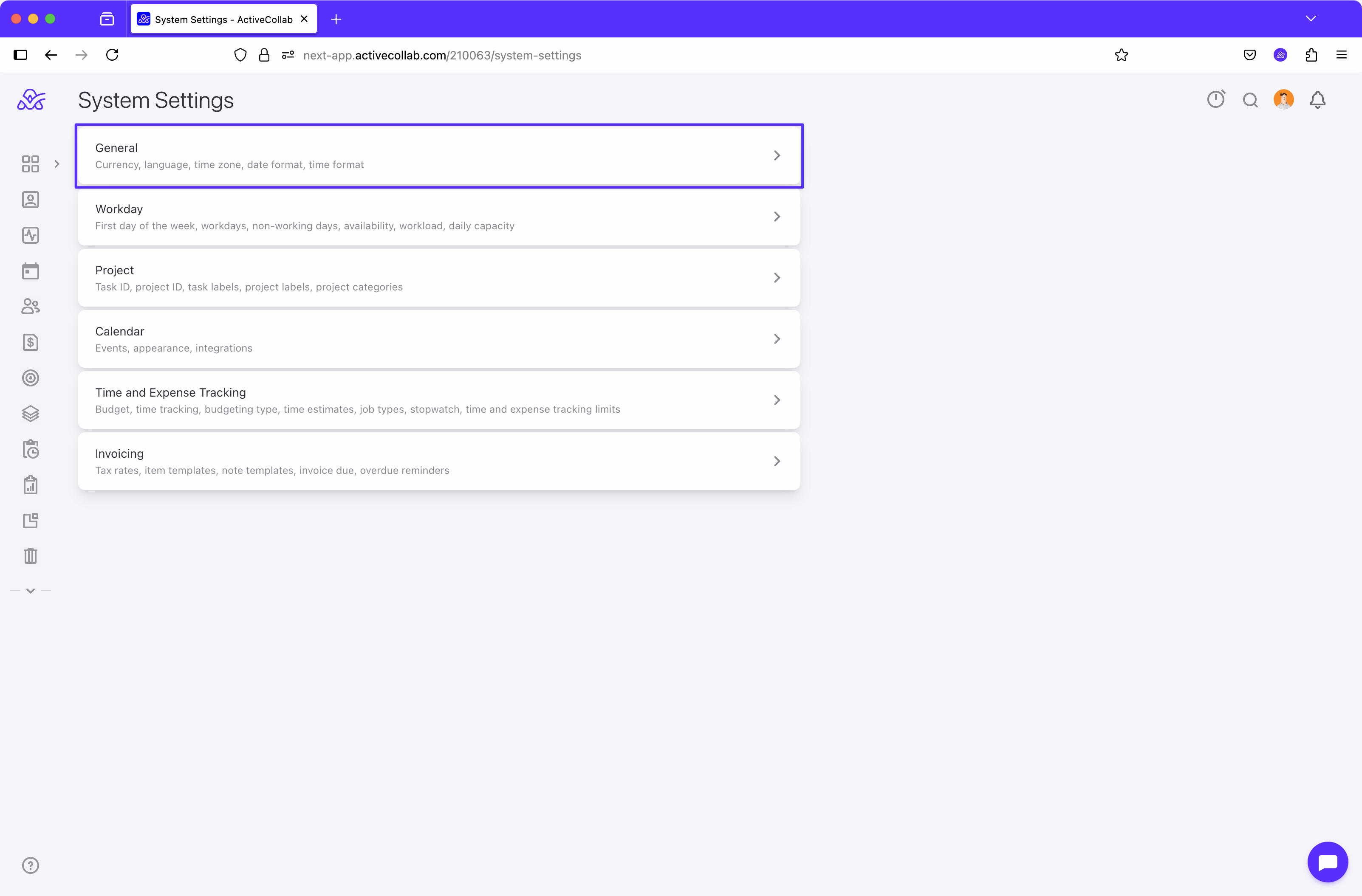 User clicking the General settings section from System Settings in order to change the default language and localization options in ActiveCollab.
