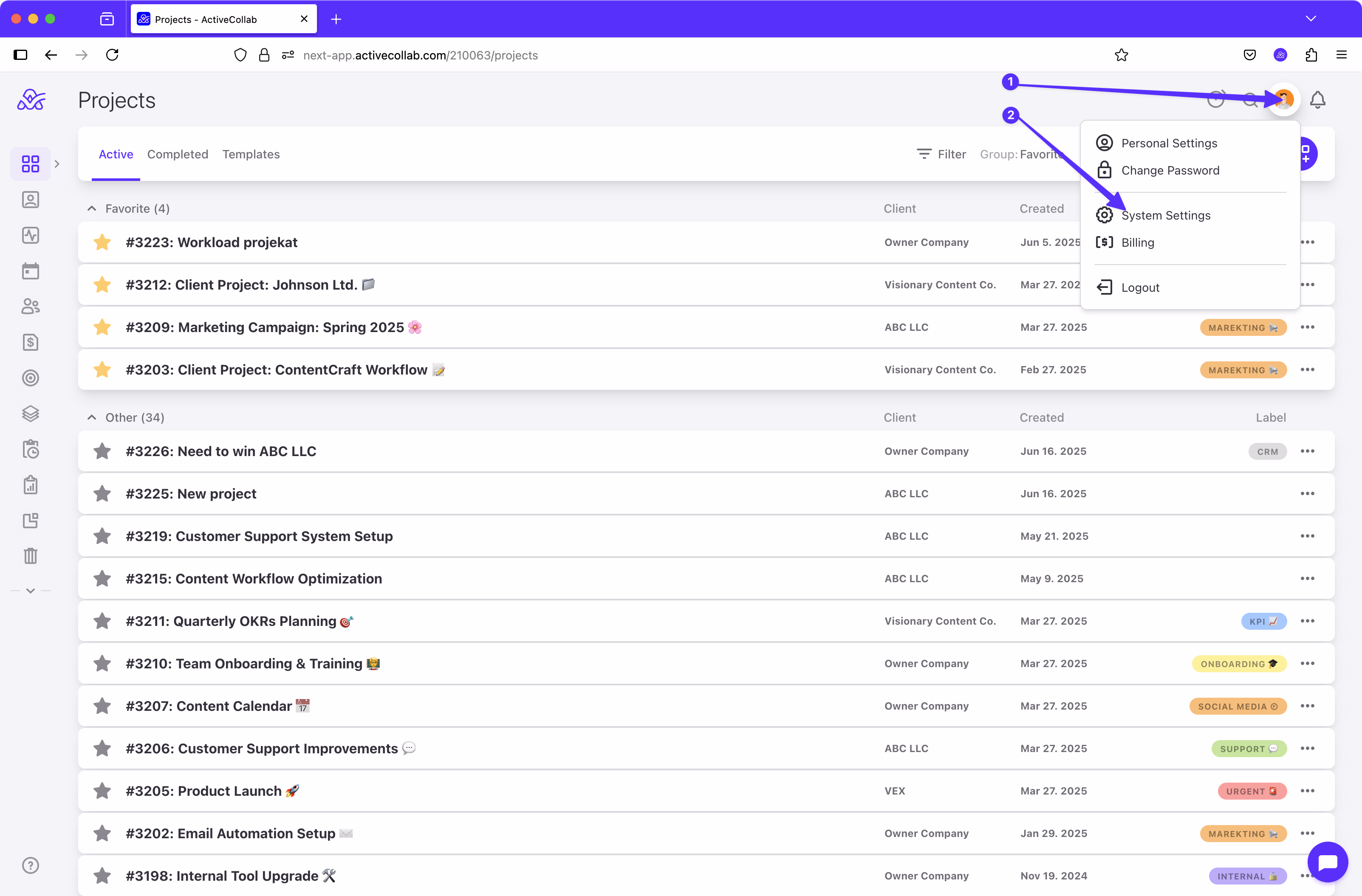 User accessing the settings dropdown from the Projects dashboard by clicking the profile avatar in the top navigation bar and selecting System Settings in ActiveCollab.
