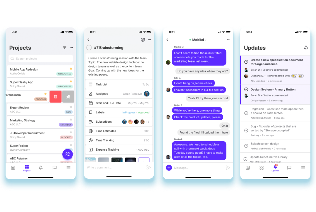 3 Screenshots of ActiveCollab mobile app