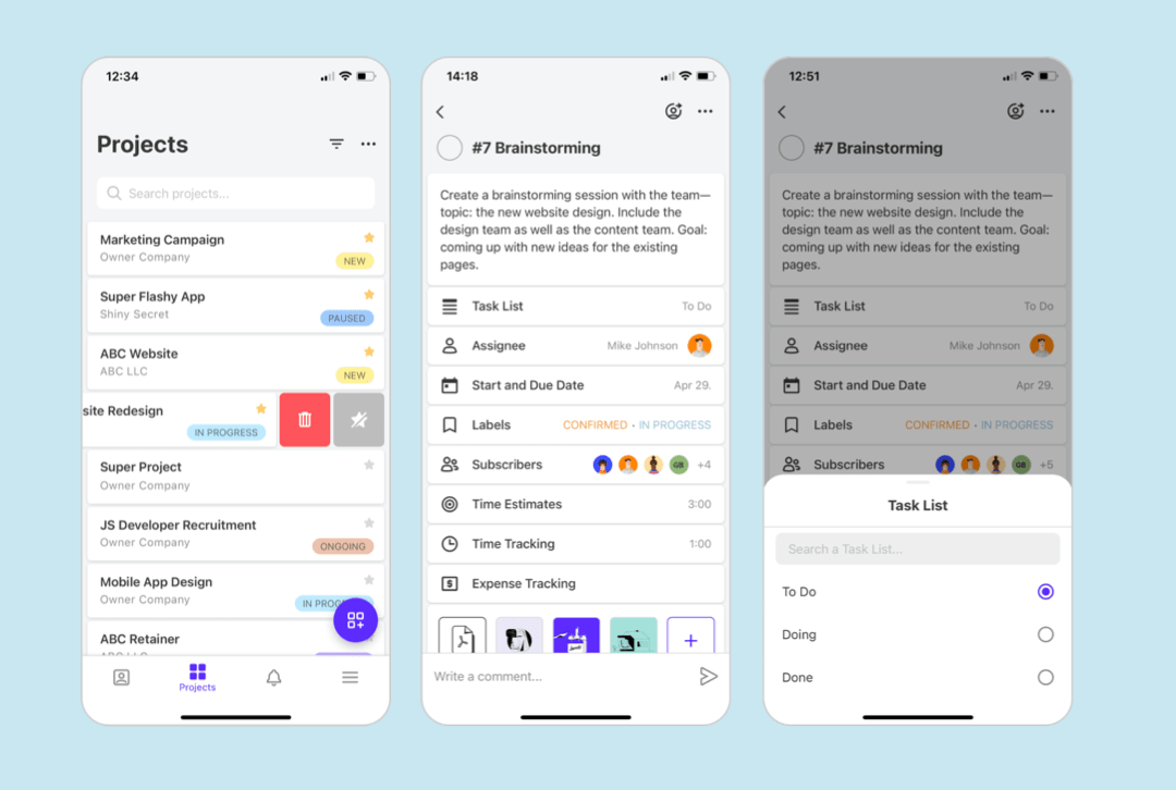 3 Screenshots of ActiveCollab mobile app