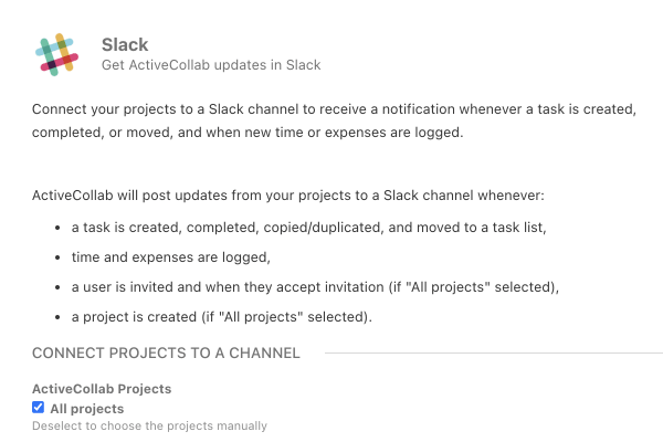 receive slack notifications from ActiveCollab.